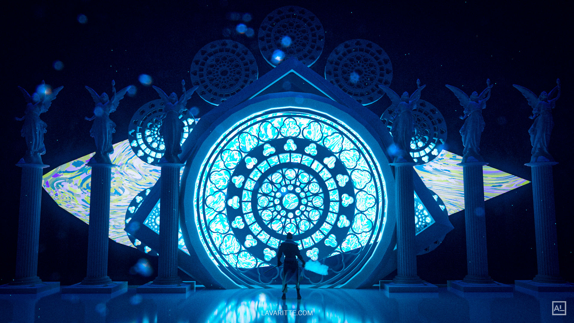 A lone figure stands before a colossal, radiant portal known as the Eye of Winter — an ancient gateway hidden in the heart of a celestial sanctuary. Flanked by towering statues and marble pillars, the air hums with frozen magic as intricate, glowing patterns spiral outward like a snowstorm caught in time. This scene captures the moment before a monumental choice, where the cold beauty of the unknown beckons and only the brave dare to step forward.