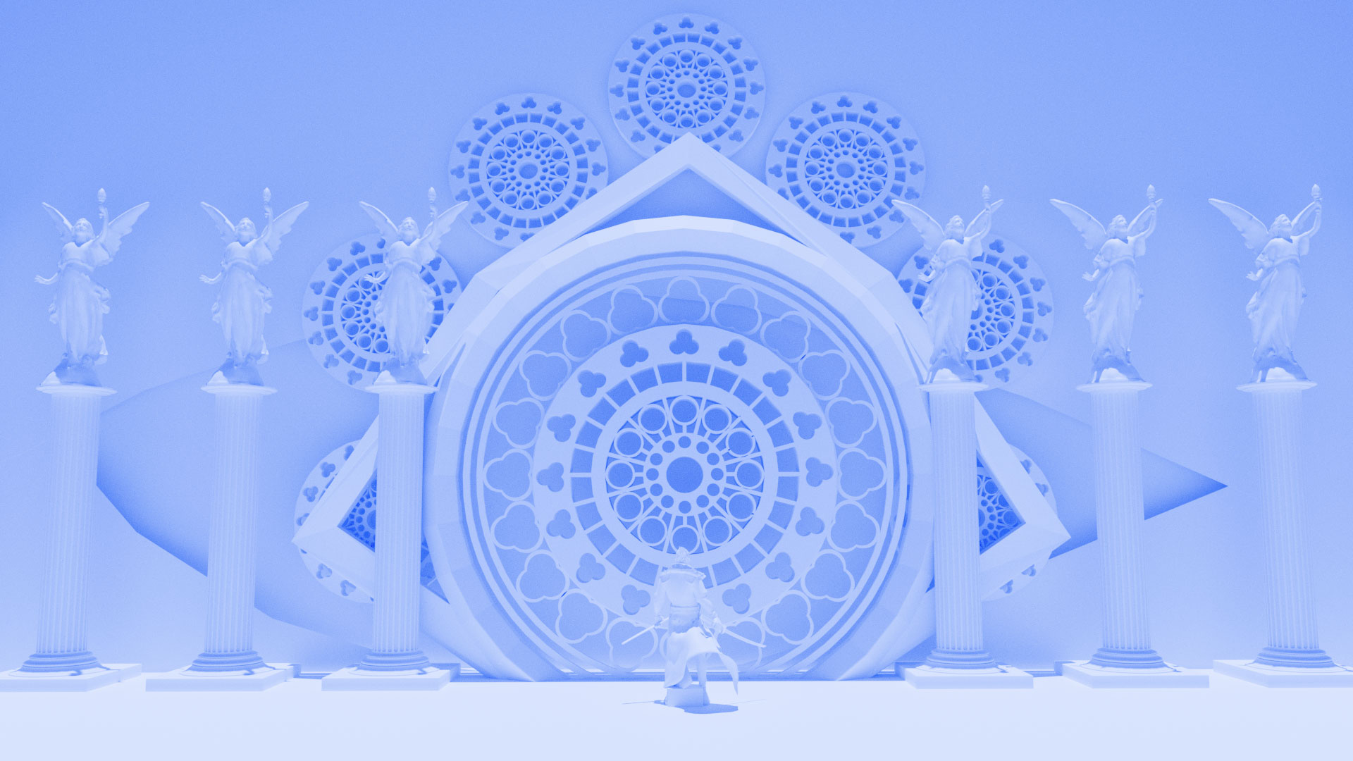 A lone figure stands before a colossal, radiant portal known as the Eye of Winter — an ancient gateway hidden in the heart of a celestial sanctuary. Flanked by towering statues and marble pillars, the air hums with frozen magic as intricate, glowing patterns spiral outward like a snowstorm caught in time. This scene captures the moment before a monumental choice, where the cold beauty of the unknown beckons and only the brave dare to step forward.