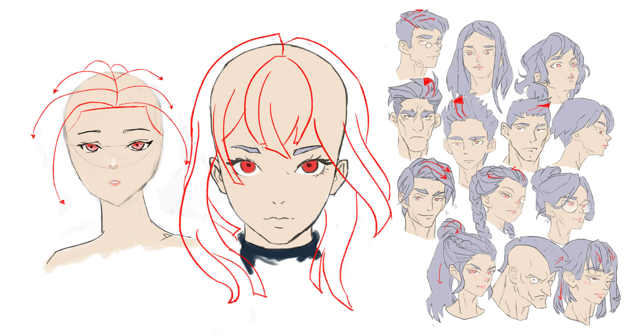 How to draw anime hair: Define structure with parting and bangs