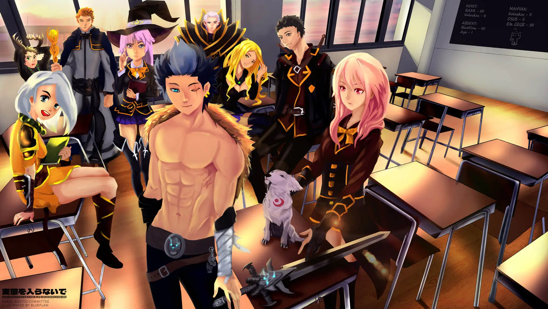 Image is a digital anime-style illustration by allard lavaritte; set in a classroom with a group of characters. The layout features a mix of male and female characters with diverse hair colors and styles, including blue, pink, purple, and silver. The central figure is a shirtless male with blue spiky hair and a fur-lined accessory, standing confidently. A pink-haired female character sits nearby, holding a small creature resembling a dog. The characters wear uniforms with black and orange accents. The classroom has desks and chairs arranged in rows, with a large window showing a sunset. A chalkboard in the background displays text in a stylized font. The overall color scheme is vibrant, with warm tones from the sunset and contrasting dark uniforms.